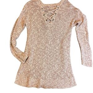 Motherhood Maternity Pink White Marled Knit Lace-Up Neck Sweater M Pregnant